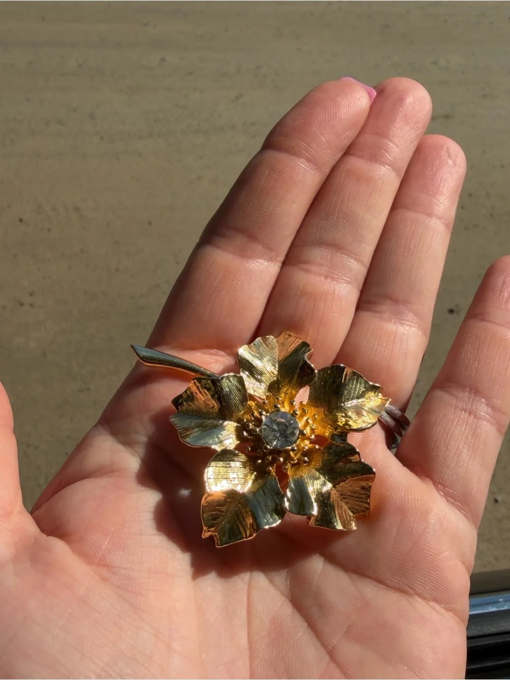 Gold Flower Brooch with Clear Crystal Center - New View